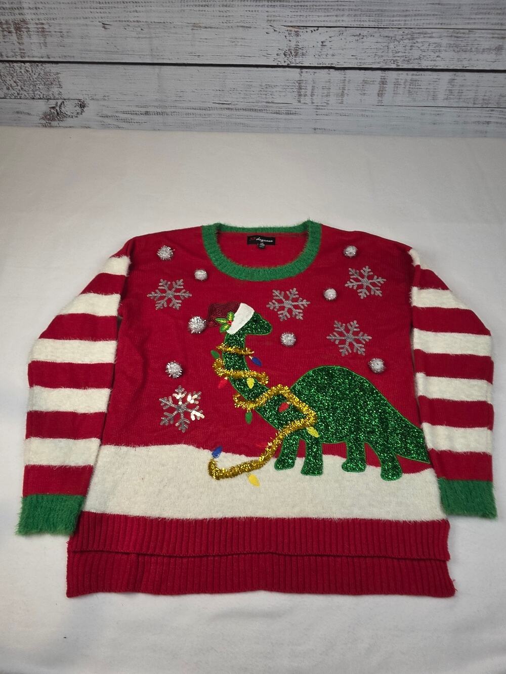 33 Degrees Ugly Christmas Sweater XXL Red Dinosaur Tinsel Snowflake Pom Pom